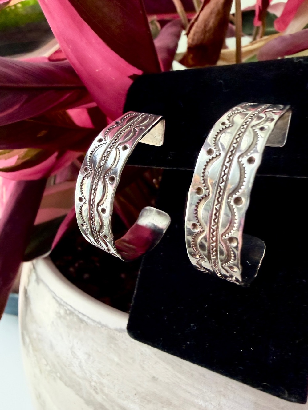J. Manuelito Navajo Sterling Silver 925 Signed Stamped Wide Hoop Post Earrings